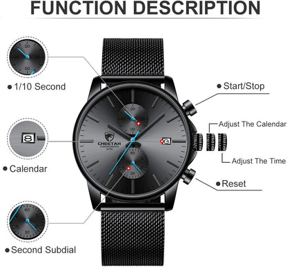 HOTGOLDEN HOUR Mens Watch Fashion Sleek Minimalist Quartz Analog Mesh Stainless Steel Waterproof Chronograph Watches for Men with Auto Date