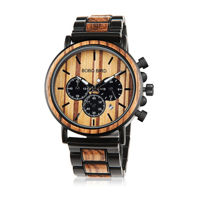 HOTBOBO BIRD Wooden Mens Watches Wood & Stainless Steel Combined Chronograph Military Quartz Casual Wristwatches