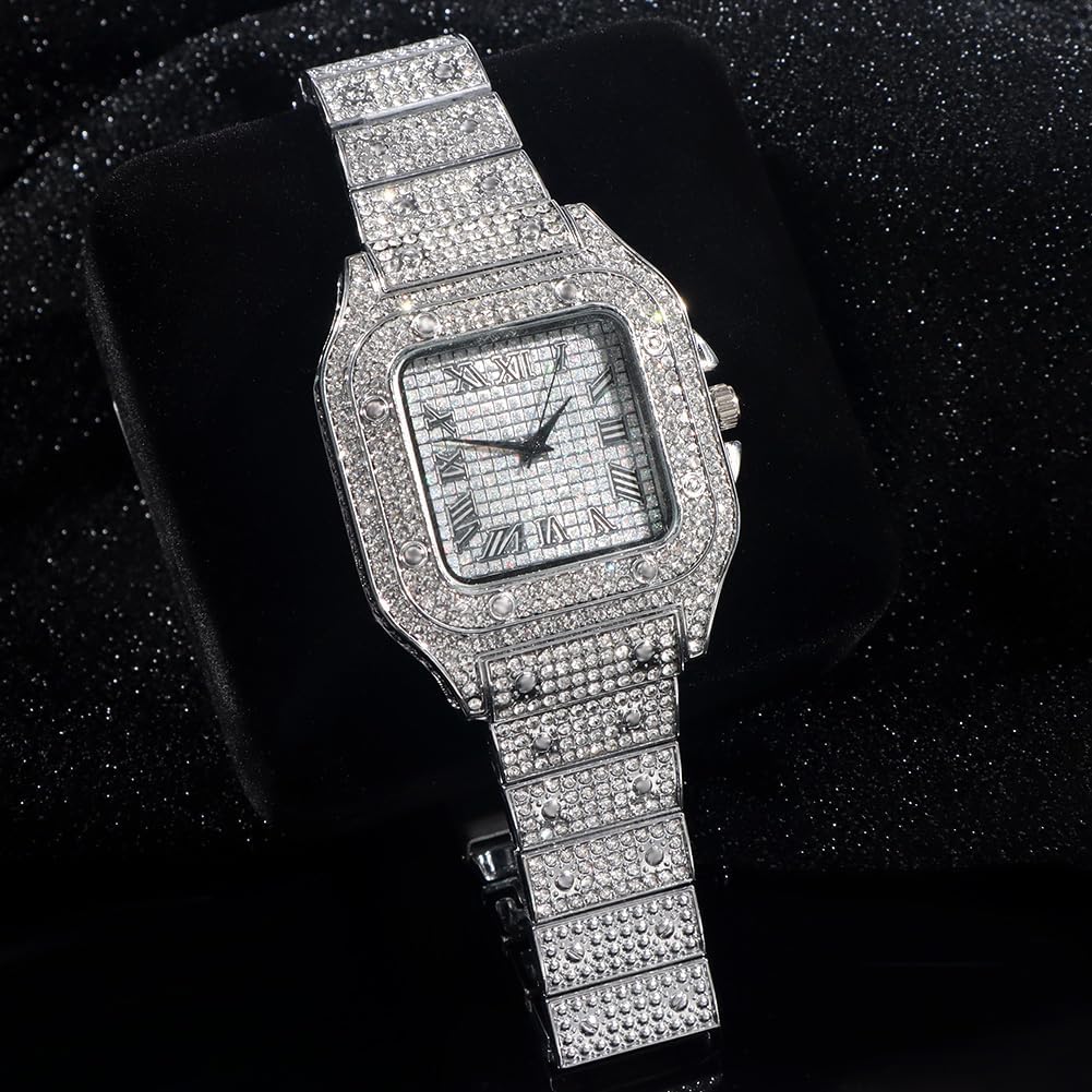 HOTApzzic Diamond Iced Out Watch CZ Gold Plated 40mm Width Roman Numerals Dial Quartz Wristband Watch for Men Women