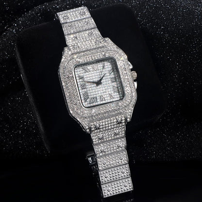 HOTApzzic Diamond Iced Out Watch CZ Gold Plated 40mm Width Roman Numerals Dial Quartz Wristband Watch for Men Women