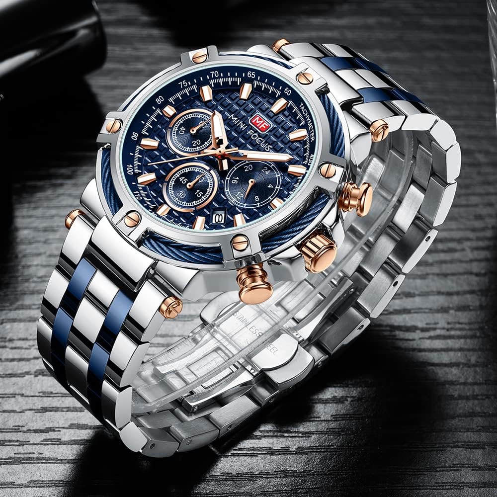 HOTMF MINI FOCUS Business Men Watches (Chronograph/Waterproof/Luminous/Calendar/24 Hours) Big Face Stainless Steel Band Watches for Men
