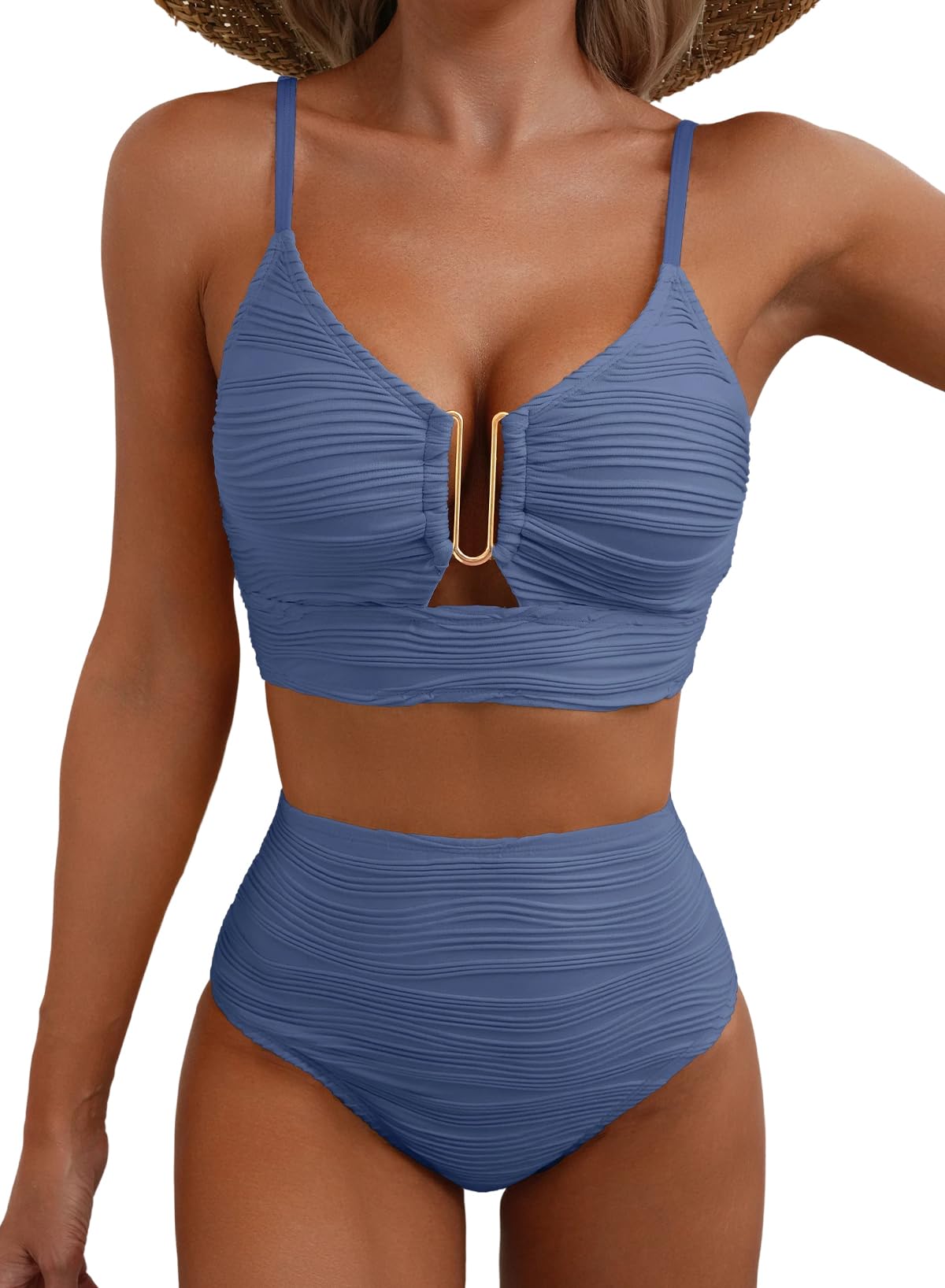 HOTHerseas 2 Piece Bikini Set U-Wire Cutout Popular Swimsuit High Waisted Textured 2026 Summer Beach Swim Bathing Suits