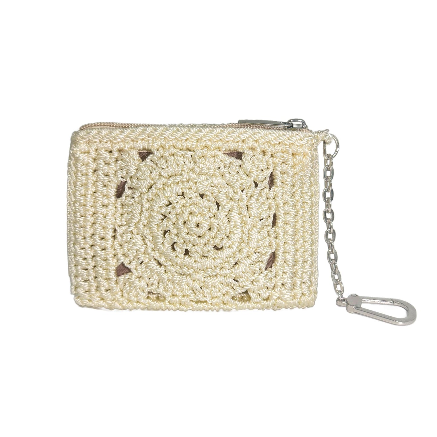 HOTEiyye Crochet Card Holder Wallet for Women Small Zipper Coin Purse with Keychain Slim Mini Wallet for Credit Cards & Cash (Khaki)