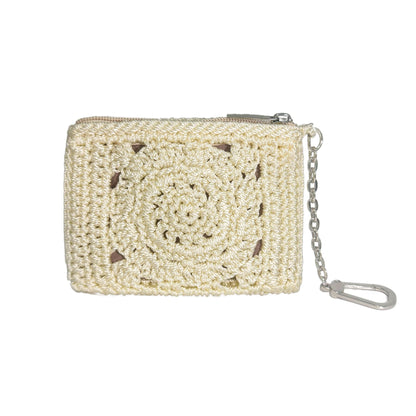 HOTEiyye Crochet Card Holder Wallet for Women Small Zipper Coin Purse with Keychain Slim Mini Wallet for Credit Cards & Cash (Khaki)