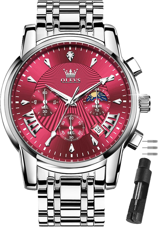 HOTOLEVS Watches Men Stainless Steel Chronograph Watch Luxury Big Face Man Dress Watches Waterproof Roman Numeral Analog Quartz Men Wrist Watch Diamond Relojes para Hombre(Silver/Black/Gold/Red/Blue)