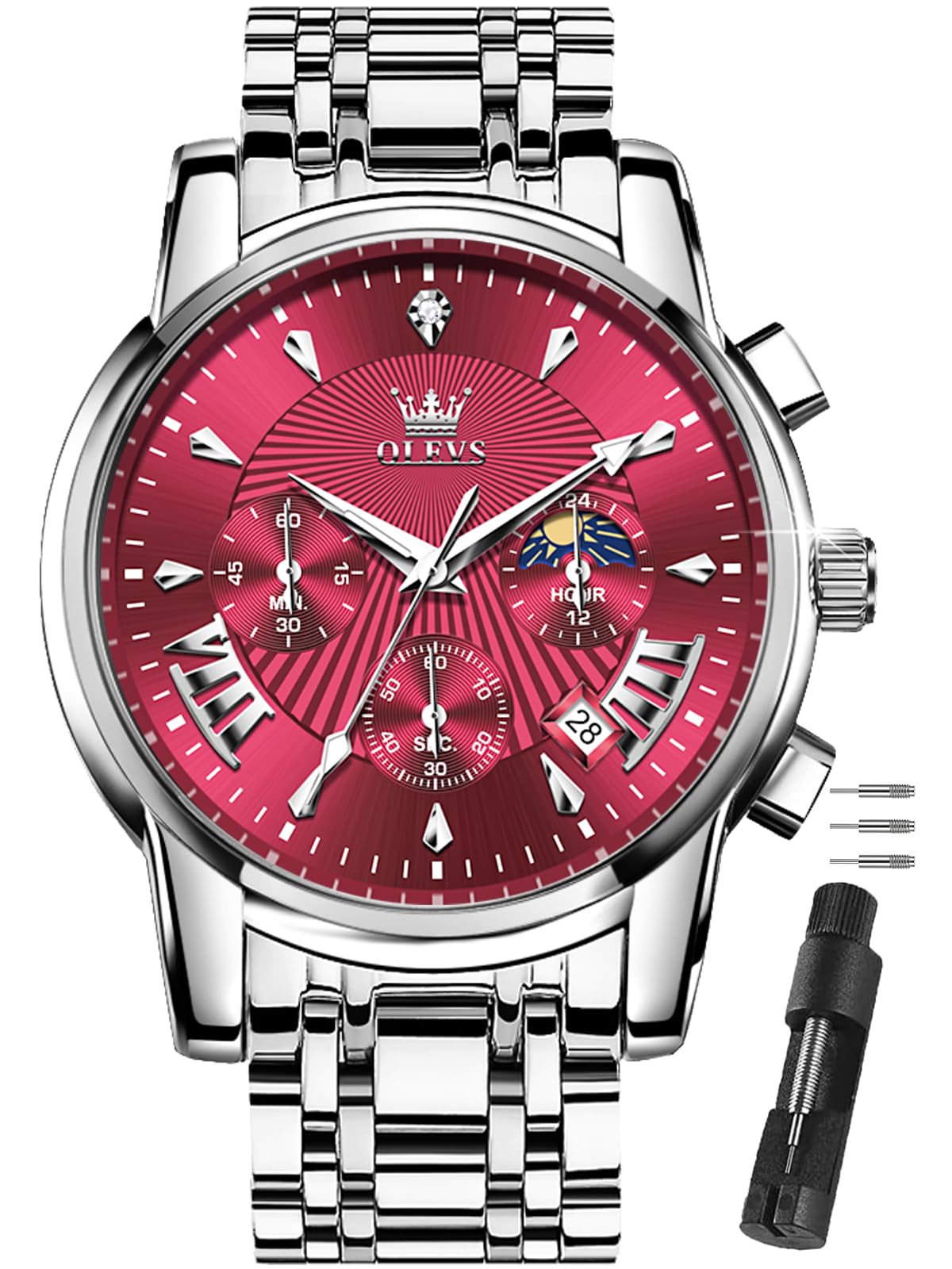 HOTOLEVS Watches Men Stainless Steel Chronograph Watch Luxury Big Face Man Dress Watches Waterproof Roman Numeral Analog Quartz Men Wrist Watch Diamond Relojes para Hombre(Silver/Black/Gold/Red/Blue)