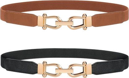 HOTJASGOOD Women Stretchy Waist Belt Retro Elastic Skinny Belt for Ladies with Gold Buckle