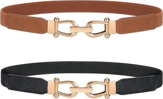 HOTJASGOOD Women Stretchy Waist Belt Retro Elastic Skinny Belt for Ladies with Gold Buckle