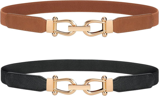 HOTJASGOOD Women Stretchy Waist Belt Retro Elastic Skinny Belt for Ladies with Gold Buckle