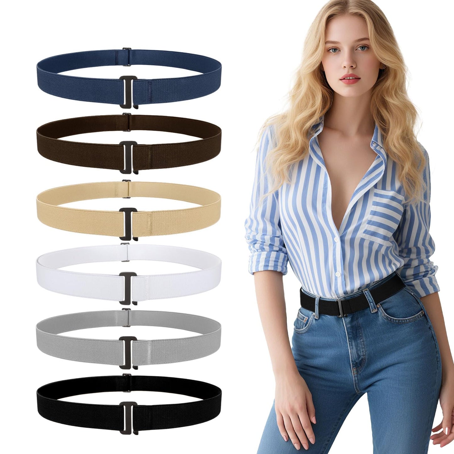 HOTJASGOOD 3/4/5/6 Pack No Show Stretch Belts for Women Invisible Elastic Belt for Jeans Pants Shirt Sweater Tuck Band