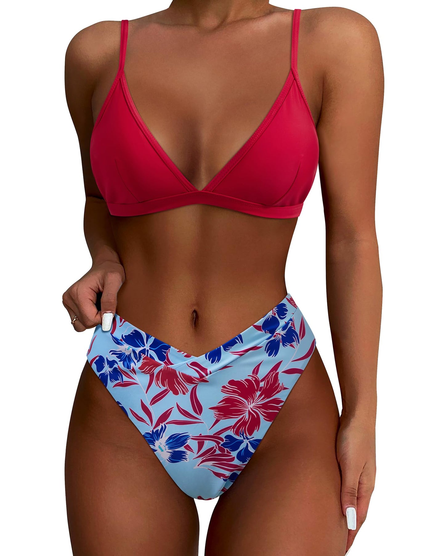 HOTSUUKSESS Women Triangle High Cut Bikini Sets Sexy High Waisted 2 Piece Swimsuit