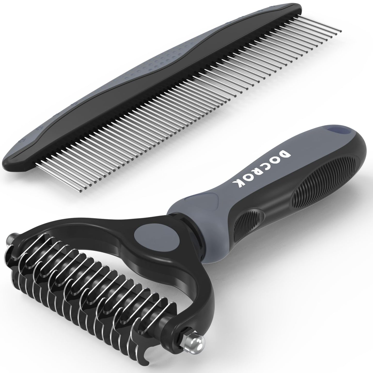 HOTDocrok Pet Grooming Combo - Blue Deshedding Brush with Metal Comb for Detangling and Dematting Long, Matted Fur on Cats and Dogs