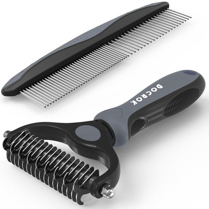 HOTDocrok Pet Grooming Combo - Blue Deshedding Brush with Metal Comb for Detangling and Dematting Long, Matted Fur on Cats and Dogs