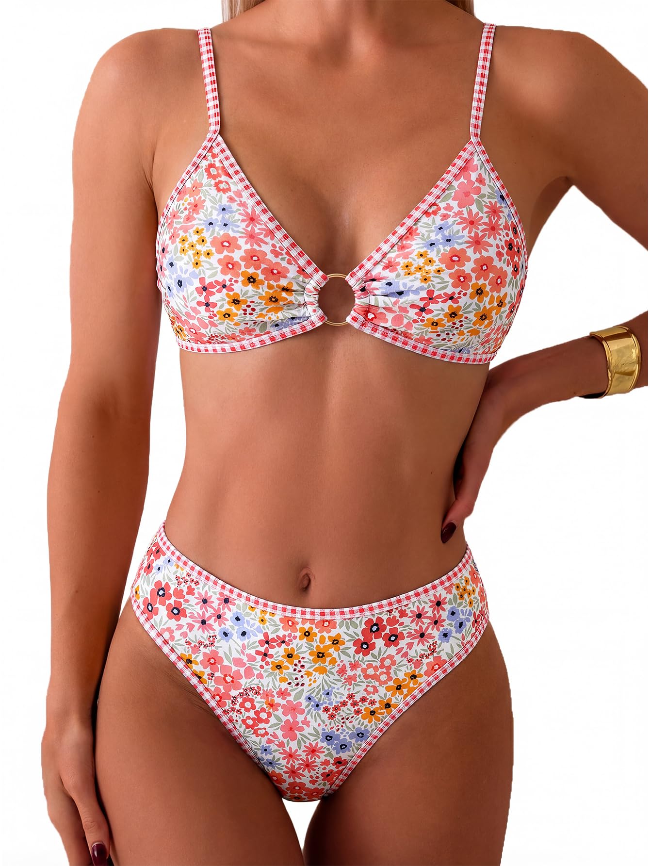 HOTTainehs Women's Two Piece Bikini Sets O Ring Front Top Ditsy Floral Triangle Swimsuits Cheeky Bathing Suit