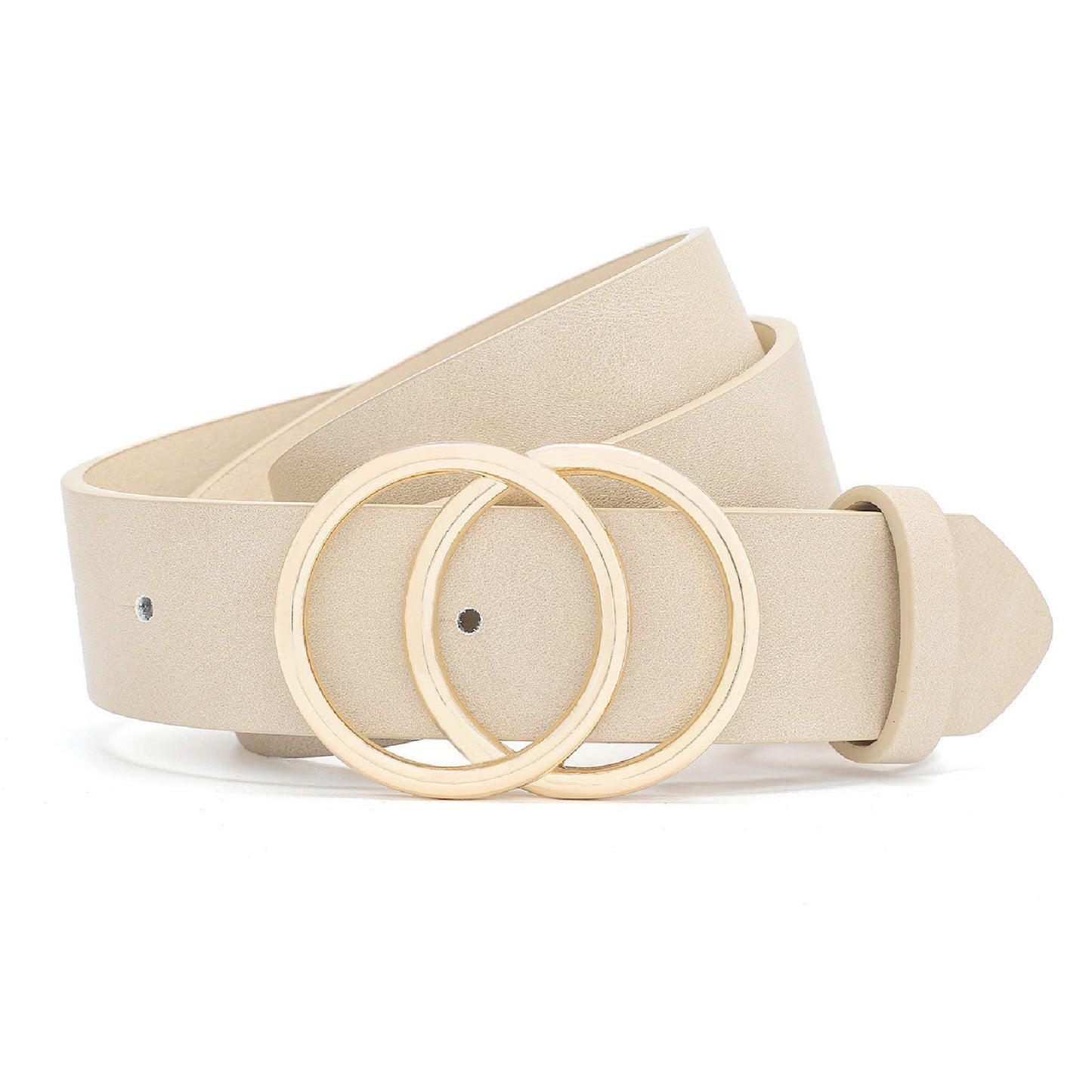HOTEarnda Women's Leather Belt Fashion Gold Buckle Waist Belts for Jeans Dress | 1.3 in Wide, Soft Faux Leather, Trendy Double O-Ring Shapes Buckle, for Dress Blouse Sweater or Coats Daily Outfits