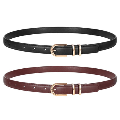 HOTTRIWORKS 2 Pack Women Skinny Leather Belts for Jeans Pants Thin Faux Leather Belt with Gold Buckle