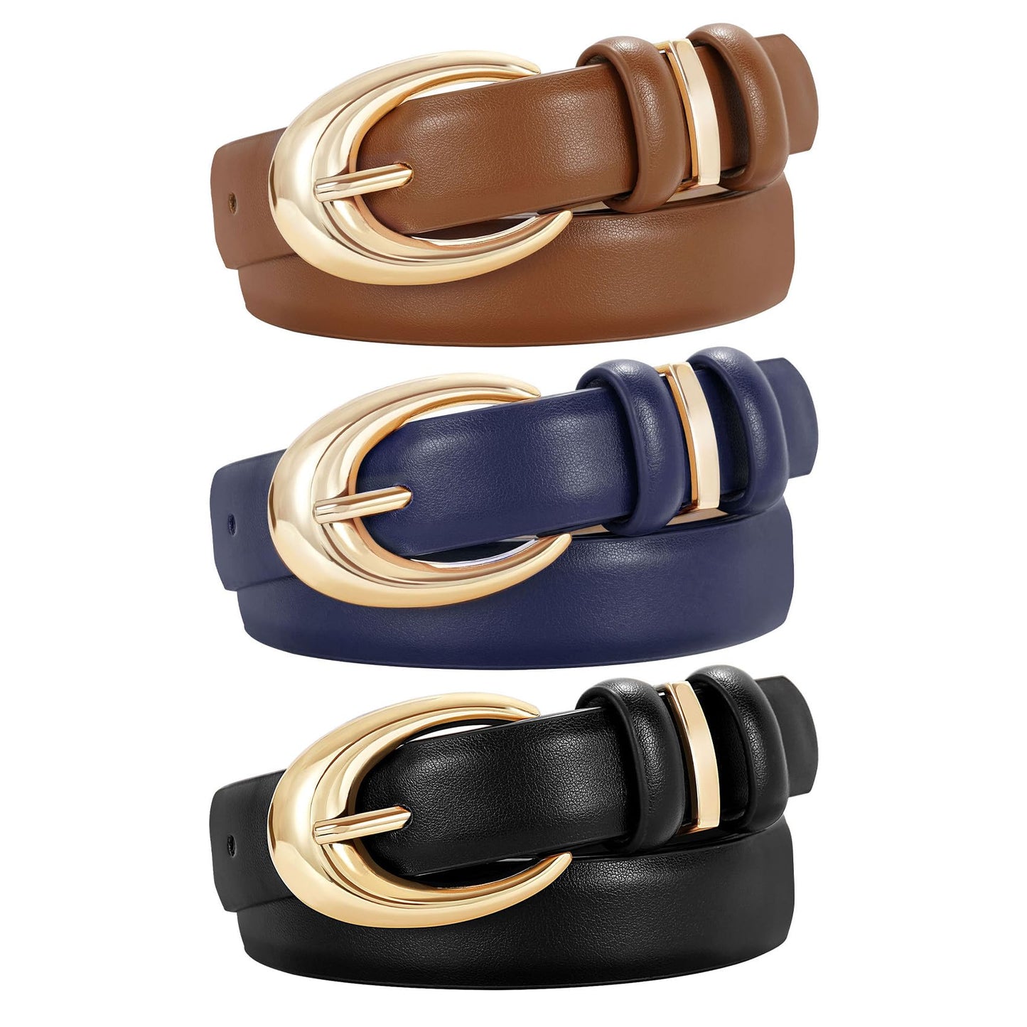 HOTTRIWORKS 3 Pack Women Leather Belt for Jeans Pants Fashion Ladies Faux Leather Belt with Gold Buckle
