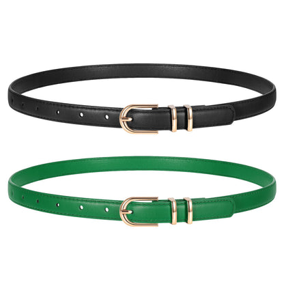 HOTTRIWORKS 2 Pack Women Skinny Leather Belts for Jeans Pants Thin Faux Leather Belt with Gold Buckle