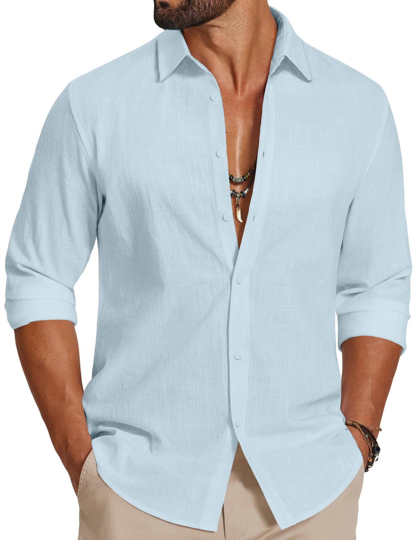 HOTCOOFANDY Men's Casual Button Down Shirts Long Sleeve Cotton Beach Wedding Shirt Summer Linen Shirt for Men