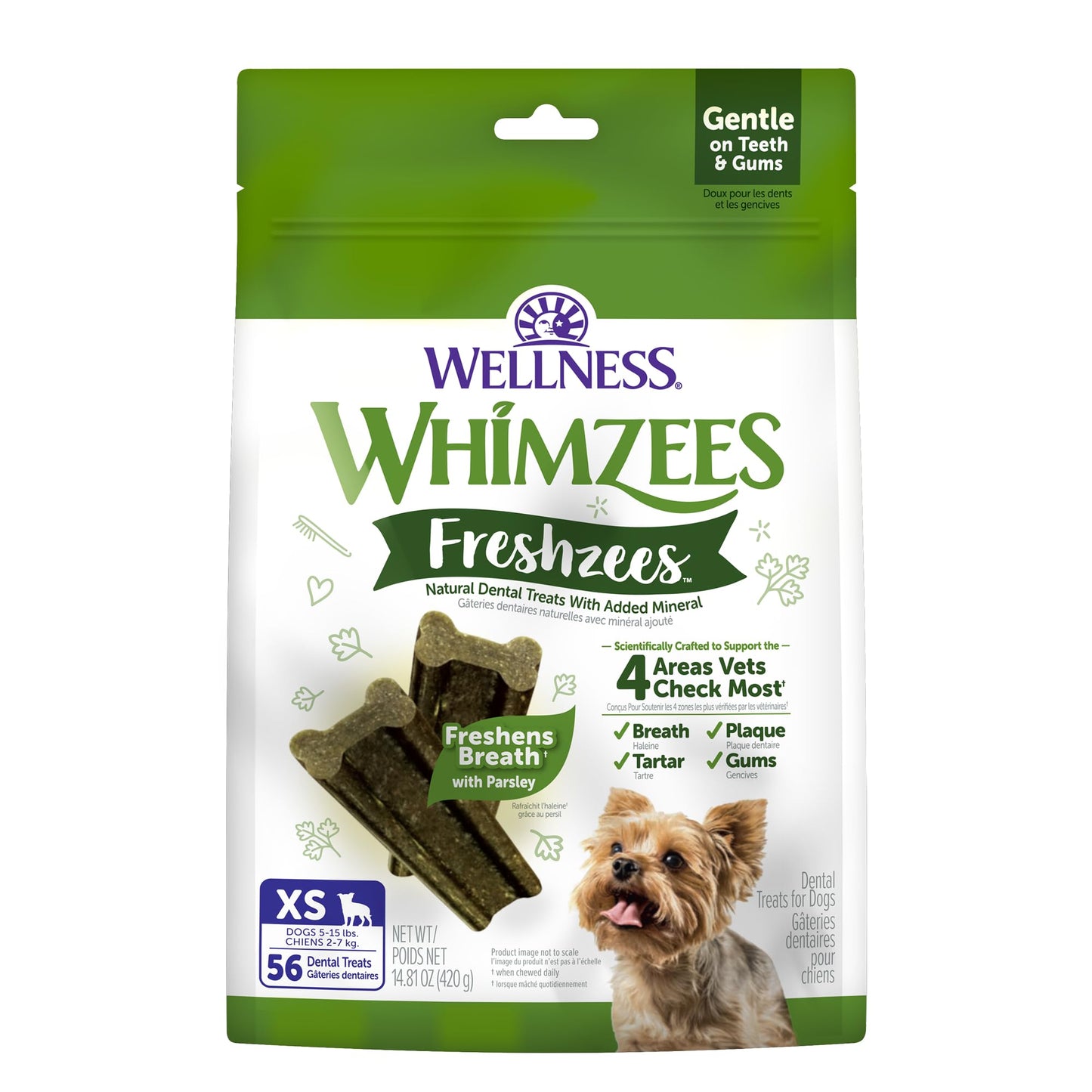 HOTWhimzees Wellness Brushzees Natural Dog Dental Treat, VOHC Accepted Chews, Freshens Breath, Extra-Small Size, 12.7 oz Bag, 48 Count