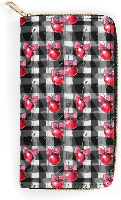 HOTCherry Bow Coquette Checkered Long Wallet Leather Hand Wallets Zipper Travel Credit Card Holder Clutch Wallet 7.8X4.1 Inch
