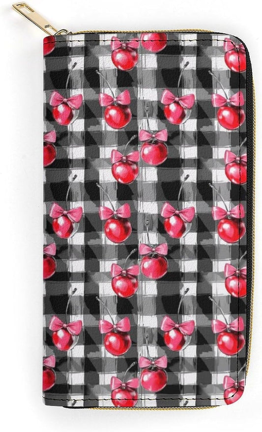 HOTCherry Bow Coquette Checkered Long Wallet Leather Hand Wallets Zipper Travel Credit Card Holder Clutch Wallet 7.8X4.1 Inch