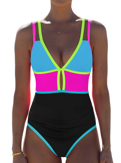 HOTpopvil Women One Piece Swimsuit 2026 Neon Tummy Control Bathing Suit | Tummy Ruched Design, Color Block, Cutout Design, Deep V Neck, Back tie,Adjustable Straps, Neon Trim,Vacation,Beach