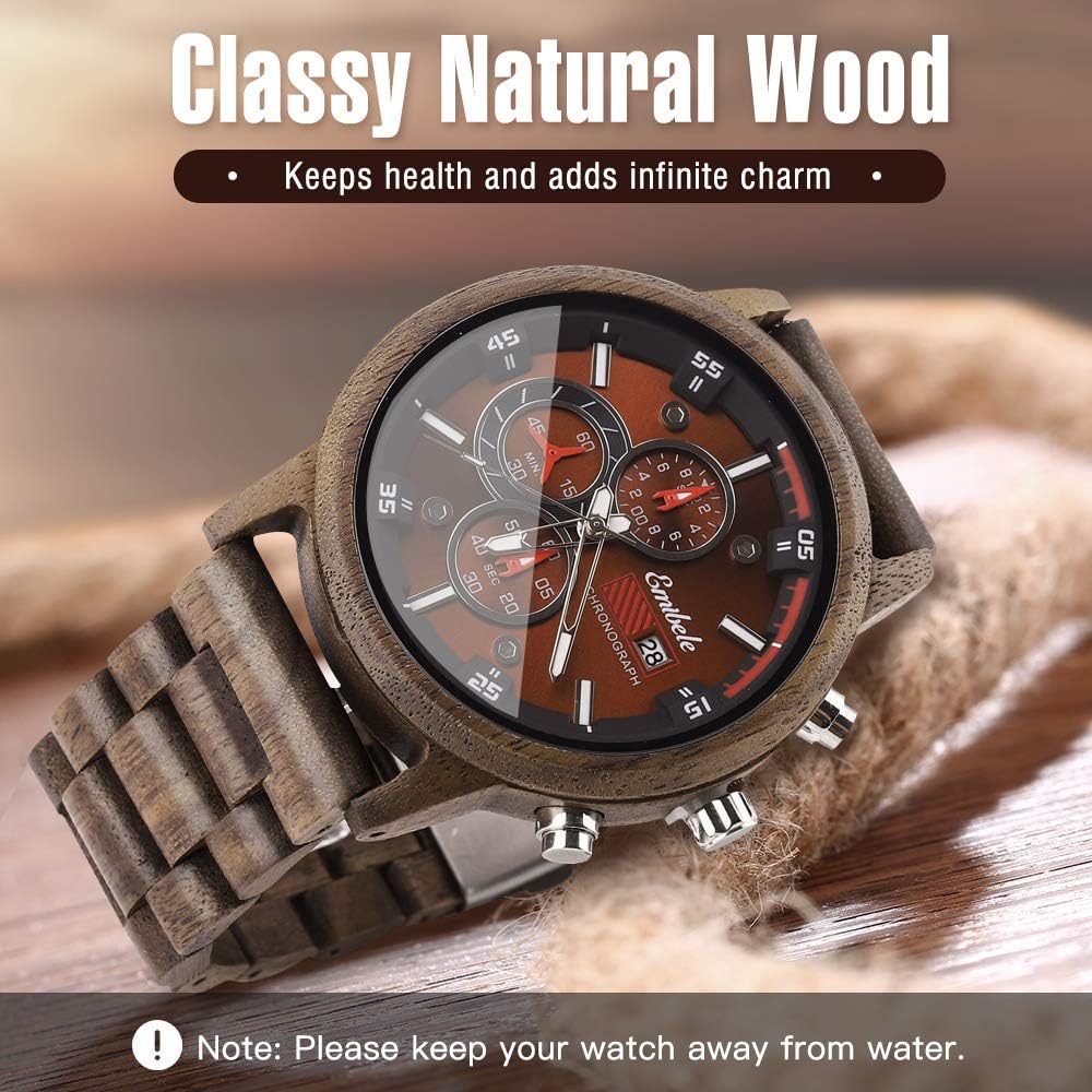HOTEmibele Wooden Watch for Men, Date Display Chronograph Quartz Wrist Watch, 3 Sub-dials Handmade Light Weight Luminous Watch - Walnut