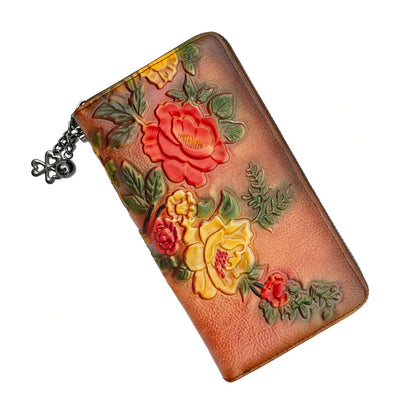 HOTWallet Genuine Leather for Women - with RFID Blocking Card checkbook ID Slot Large Capacity Vintage style (flower brown)