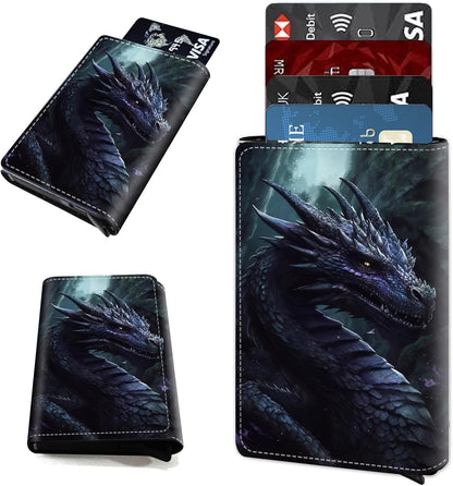 HOTAluminum Auto Pop Up Wallet Case Credit Card Holder For Women Men Girl, Leather Card Case Front Pocket Trifold Wallet with RFID Blocking Banknote Slot Slim Wallet Women, The Four-Horned Dragon