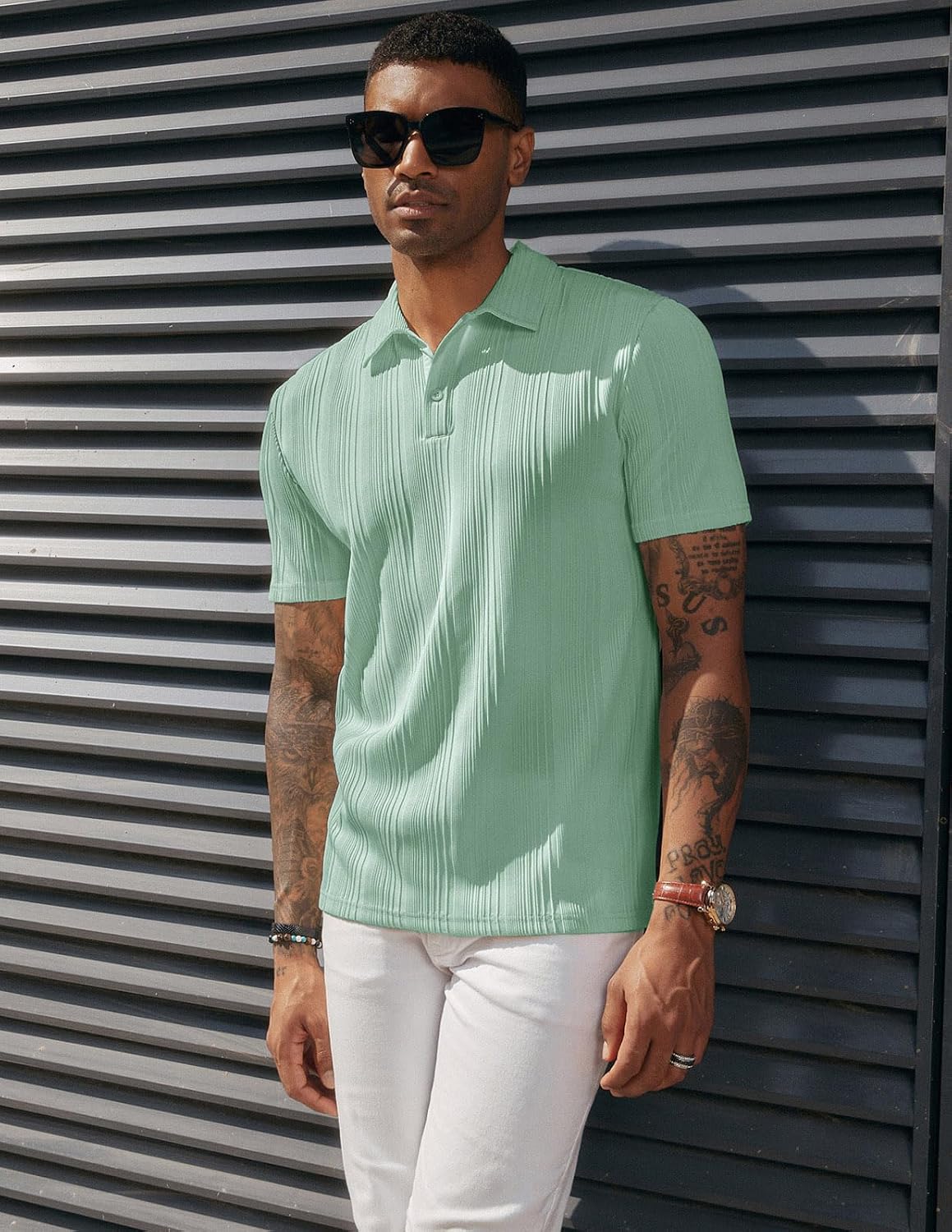 HOTPJ PAUL JONES Mens Polo Shirts Textured Knit Polo Stretchy Regular Fit Collared Golf Shirts