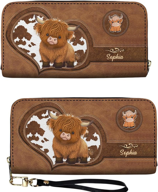 HOTCute Highland Cow - Personalized Highland Cow Leather Long Wallet, Personalized Wallet for Women Girls Christmas Birthday Gifts for Lovers