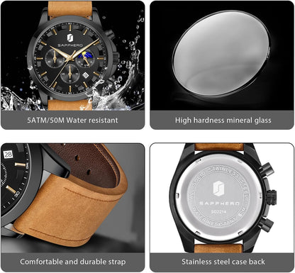 HOTSAPPHERO Men's Watches Stainless Steel Chronograph Waterproof Quartz-Business Casual Dress Watch for Men Luminous Date Gold/Silver/Black Design-Easy-to-Read Luxury Dial-Leather Unique Elegant Gift