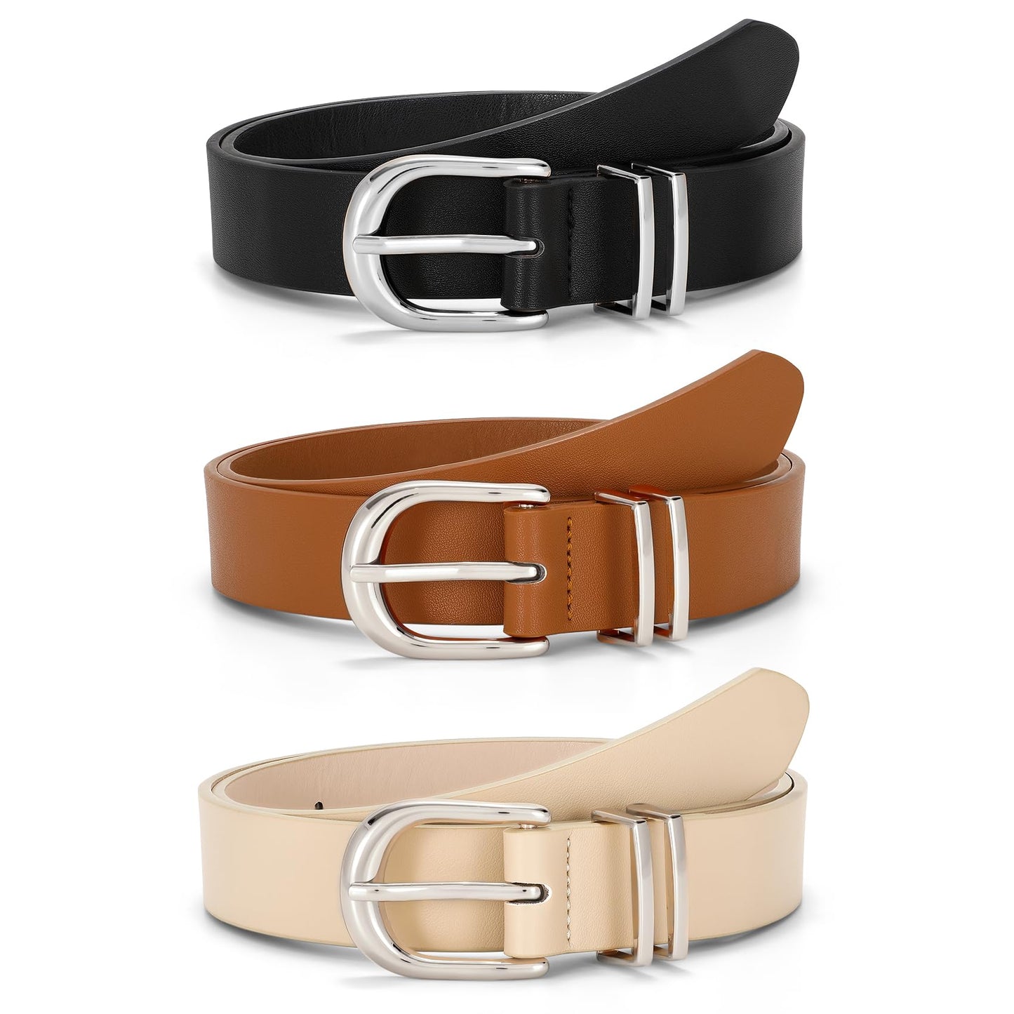 HOTJASGOOD 3 Pack Women Leather Belts For Jeans Dresses Pants Ladies Faux Leather Waist Belt with Gold Buckle
