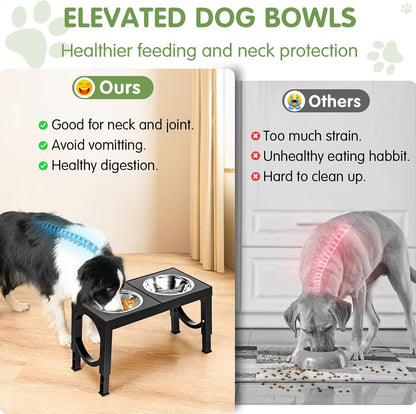 HOTXIAZ Elevated Dog Bowls Large Breed Raised Dogs Bowl Stand Large/Medium Sized Dog Stainless Steel Food Water Bowl Stands 5 Heights Adjustable 9/11/12/14in Black Pet Feeder Dish Station