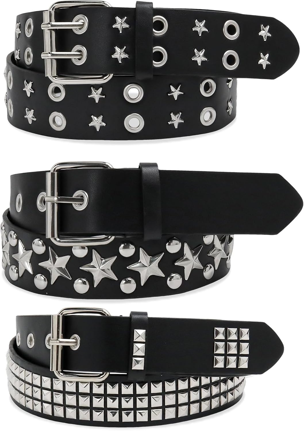 HOT3 Pcs Black Studded Belt Y2K Belt Star Gothic Punk Rock Belts with Grommet Threads Bright Metal Pyramid for Women Men