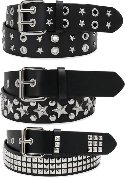 HOT3 Pcs Black Studded Belt Y2K Belt Star Gothic Punk Rock Belts with Grommet Threads Bright Metal Pyramid for Women Men