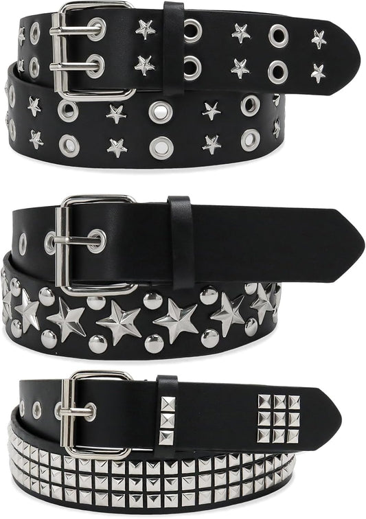 HOT3 Pcs Black Studded Belt Y2K Belt Star Gothic Punk Rock Belts with Grommet Threads Bright Metal Pyramid for Women Men