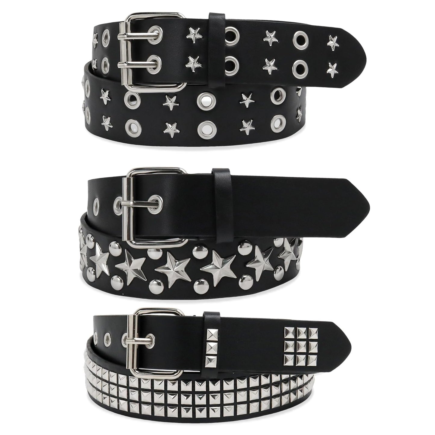 HOT3 Pcs Black Studded Belt Y2K Belt Star Gothic Punk Rock Belts with Grommet Threads Bright Metal Pyramid for Women Men