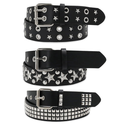 HOT3 Pcs Black Studded Belt Y2K Belt Star Gothic Punk Rock Belts with Grommet Threads Bright Metal Pyramid for Women Men