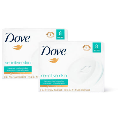 HOTDove Beauty Bar Soap Sensitive, 8 Bars for Sensitive Skin, Fragrance Free and Hypoallergenic 3.75 oz