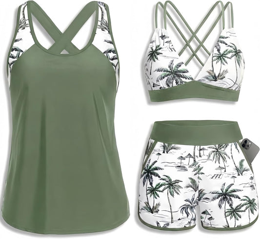 HOTWomen's 3 Piece Tankini Swimsuit Tummy Control with Bra Pocket Boy Shorts | Modest Bathing Suit, Athletic Style, Strappy-Back Support, High-Waist Fit, Built-In Brief, Side Pockets, Beach Swim Days