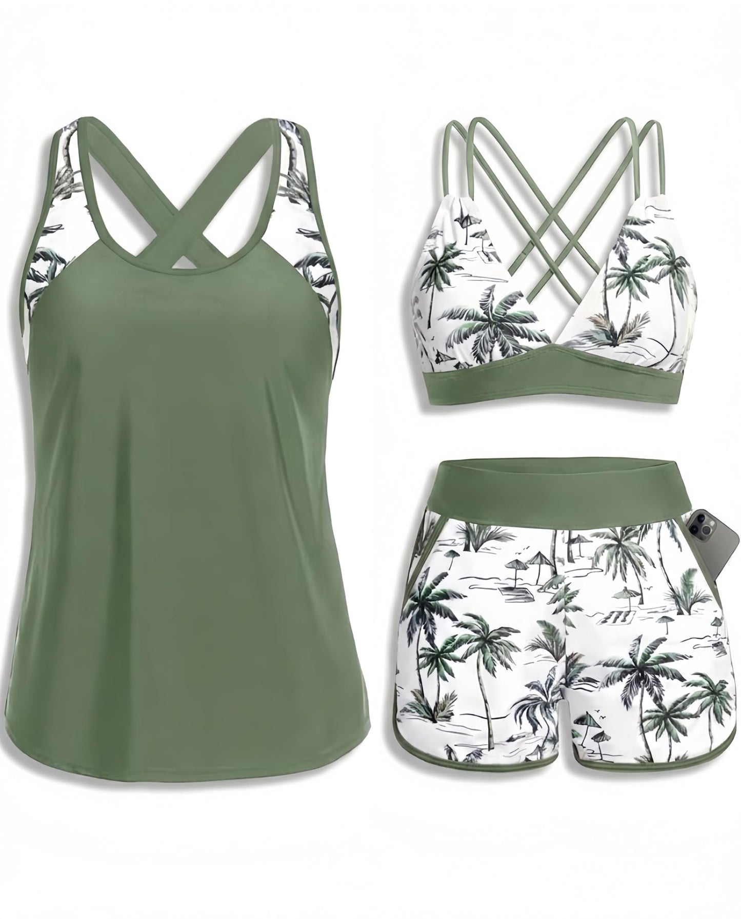 HOTWomen's 3 Piece Tankini Swimsuit Tummy Control with Bra Pocket Boy Shorts | Modest Bathing Suit, Athletic Style, Strappy-Back Support, High-Waist Fit, Built-In Brief, Side Pockets, Beach Swim Days