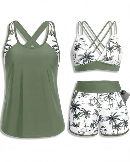 HOTWomen's 3 Piece Tankini Swimsuit Tummy Control with Bra Pocket Boy Shorts | Modest Bathing Suit, Athletic Style, Strappy-Back Support, High-Waist Fit, Built-In Brief, Side Pockets, Beach Swim Days