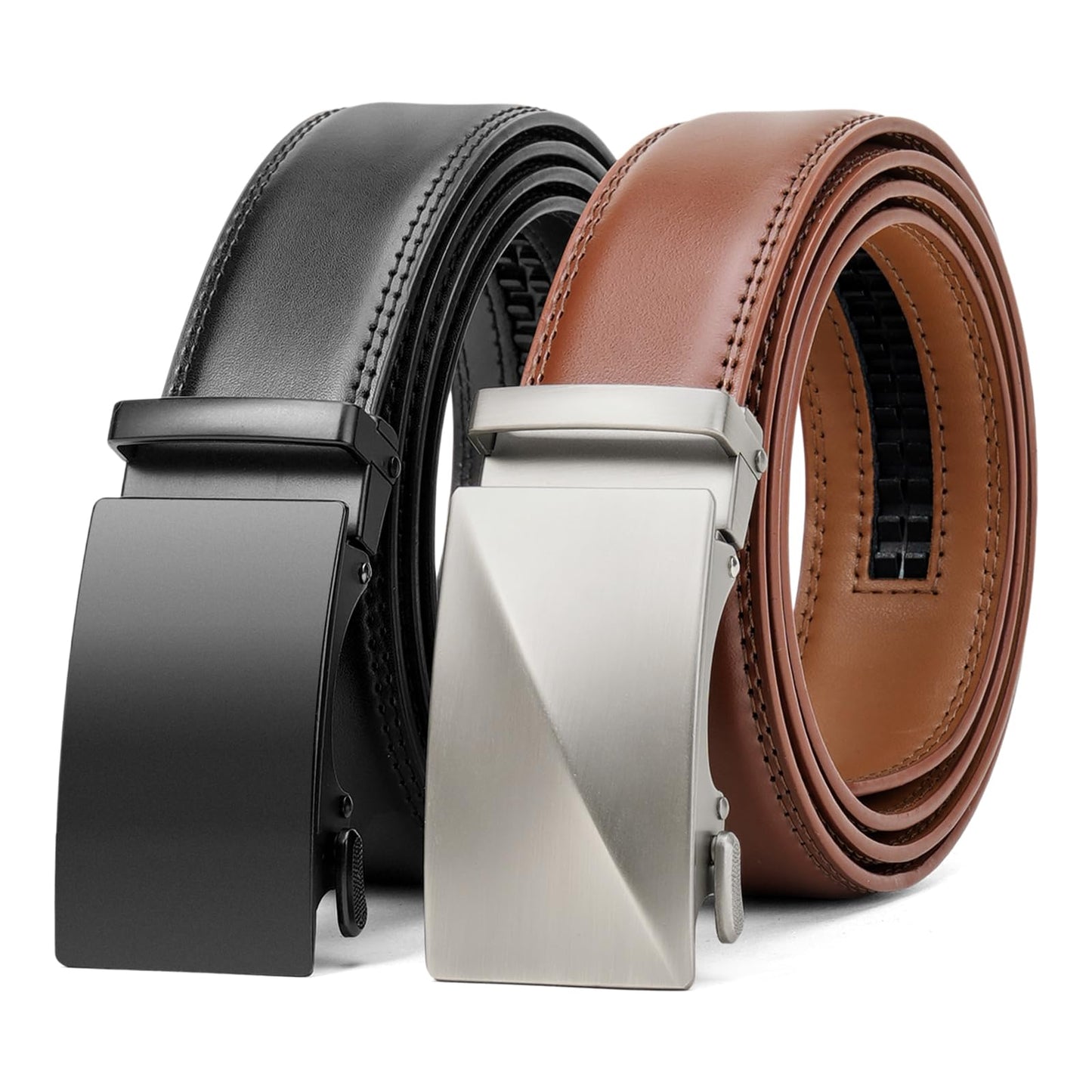 HOTSENDEFN 2 Pack Ratchet Belt Men, Men Leather Belts in Gift Set Box for Dress Casual, Size Adjustable Trim to Fit