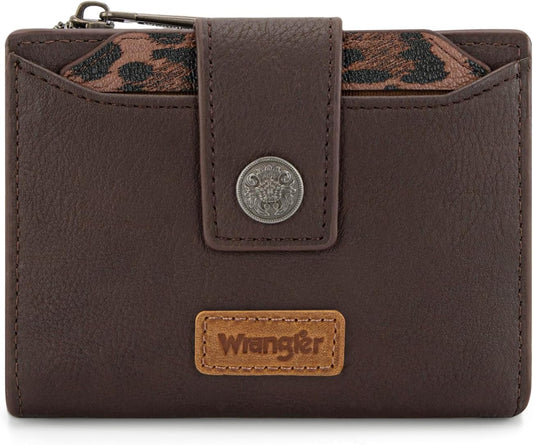 HOTMontana West X Wrangler Small Wallet Woman, Bifold RFID Blocking Wallet Leopard Print Zipper Pocket Wallets with Removable ID Window