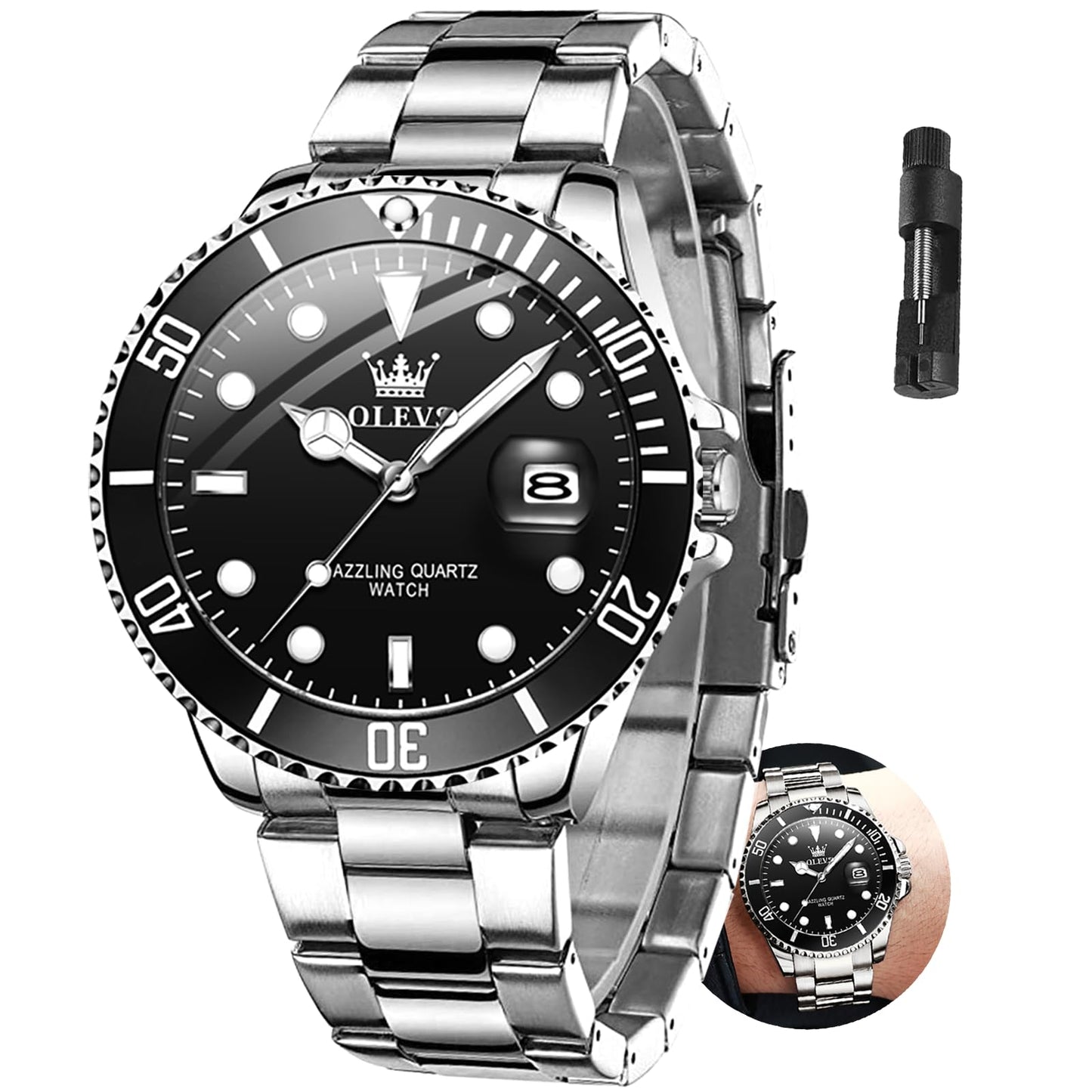 HOTOLEVS Watches Men Waterproof Luxury Big Face Mens Watch Stainless Steel Day Date Quartz Analog Dress Watches for Men Luminous Reloj para Hombres (Green/Blue/Black/Gold)