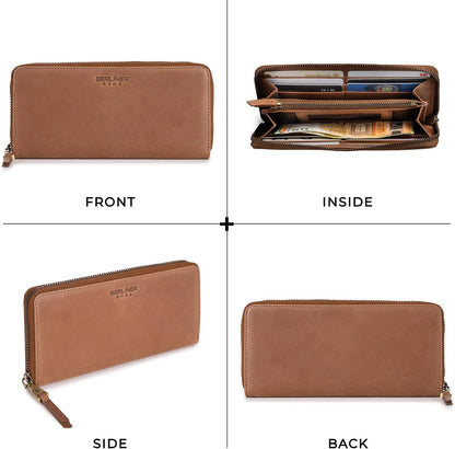 HOTBERLINER BAGS Genuine Leather Zip Wallet Women Palma, Gift Box – Brown | Soft Leather Zip Around Wallet, 14 Card Slots, 1 ID Window, 2 Bill Compartments, Zippered Coin Pocket, RFID Blocking