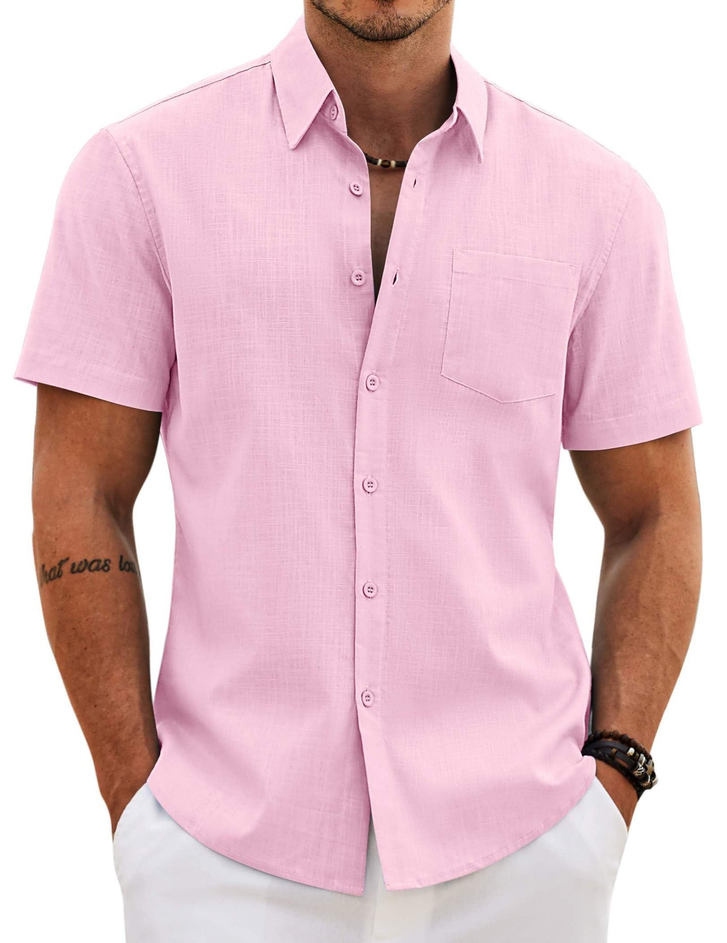 HOTCOOFANDY Men's Button Down Short Sleeve Shirt Casual Cotton Summer Beach Wedding Linen Shirts with Pocket
