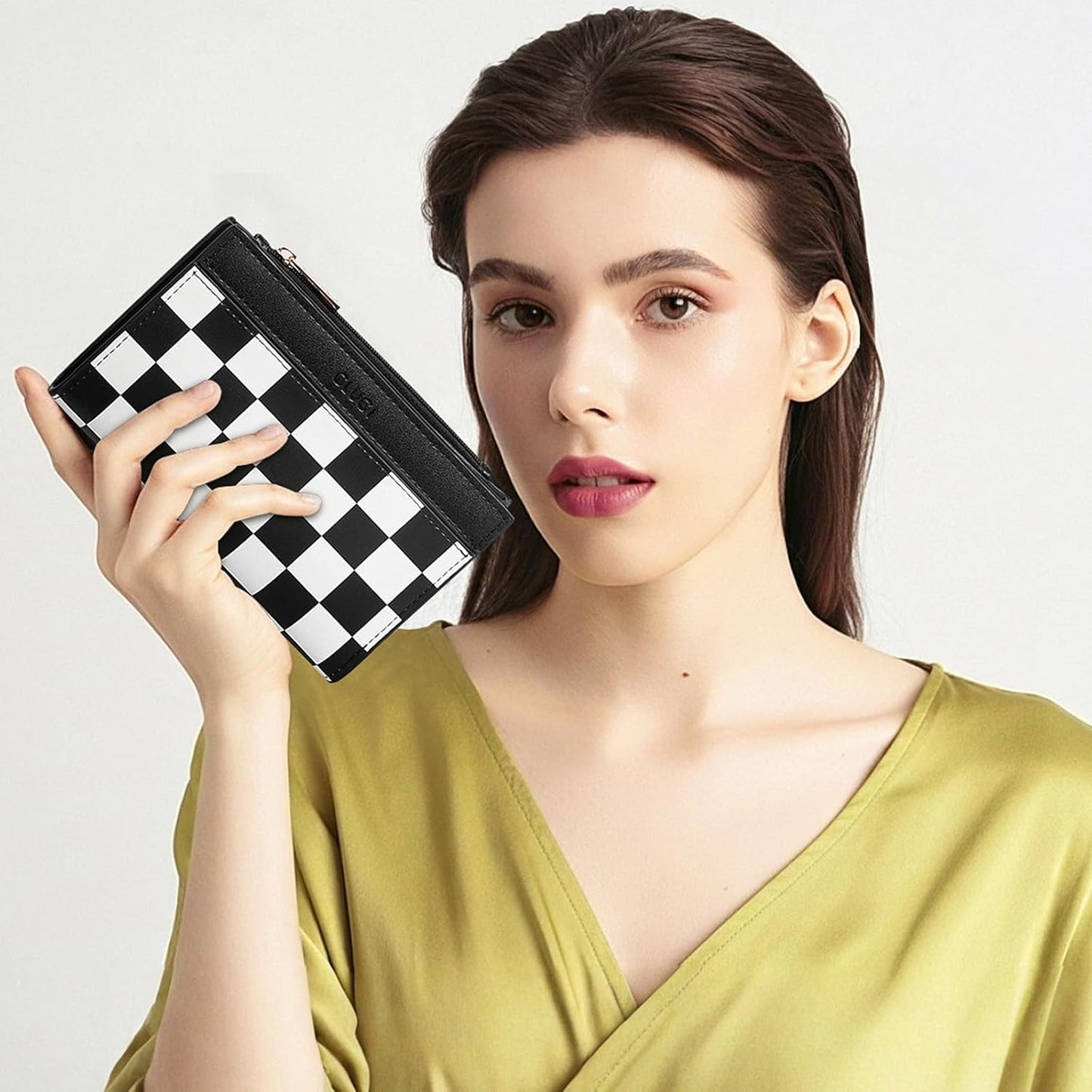 HOTCLUCI Small Wallet for Women PU Leather RFID Blocking Designer Bifold Ladies Card Holder Checkerboard